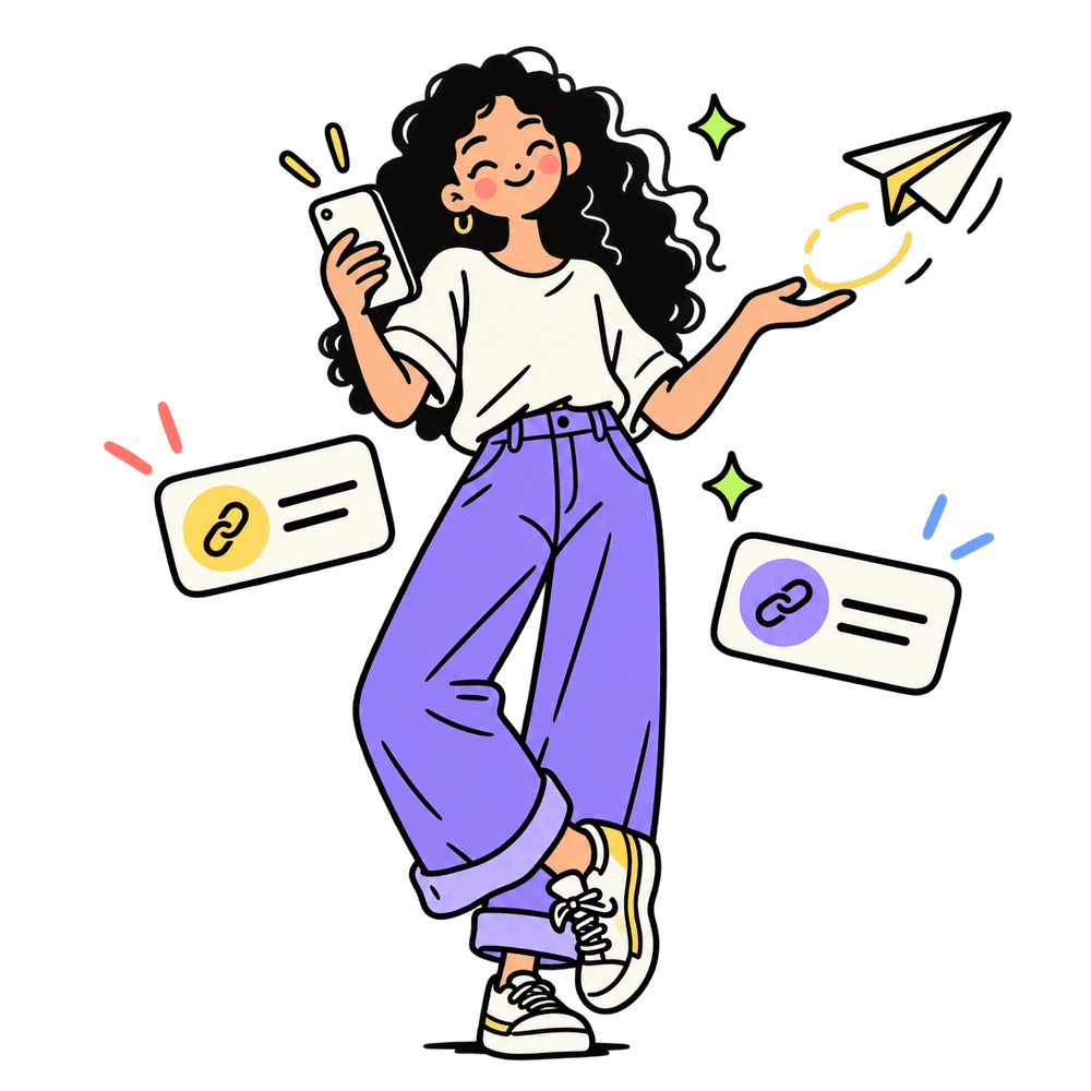 Criador de conteúdo segurando o celular e compartilhando seu vvlink.